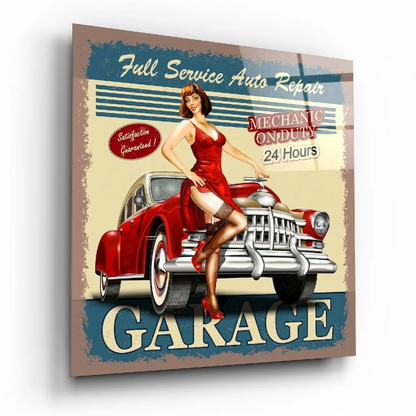 1950s red vintage car pin-up girl glass wall art poster
