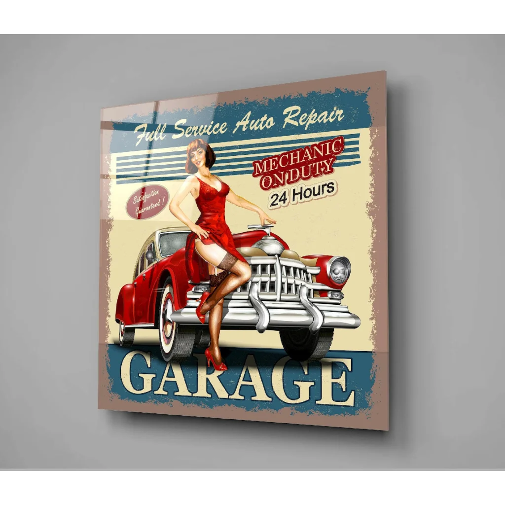 1950s retro pin-up girl in red dress with vintage car glass wall art