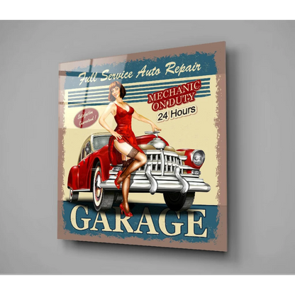 1950s retro pin-up girl in red dress with vintage car glass wall art