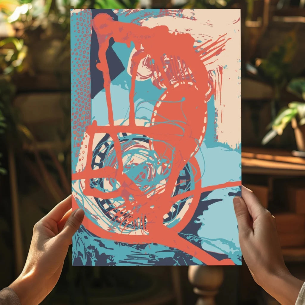 Retro 70s skateboarder print with red blue abstract bold brushstrokes