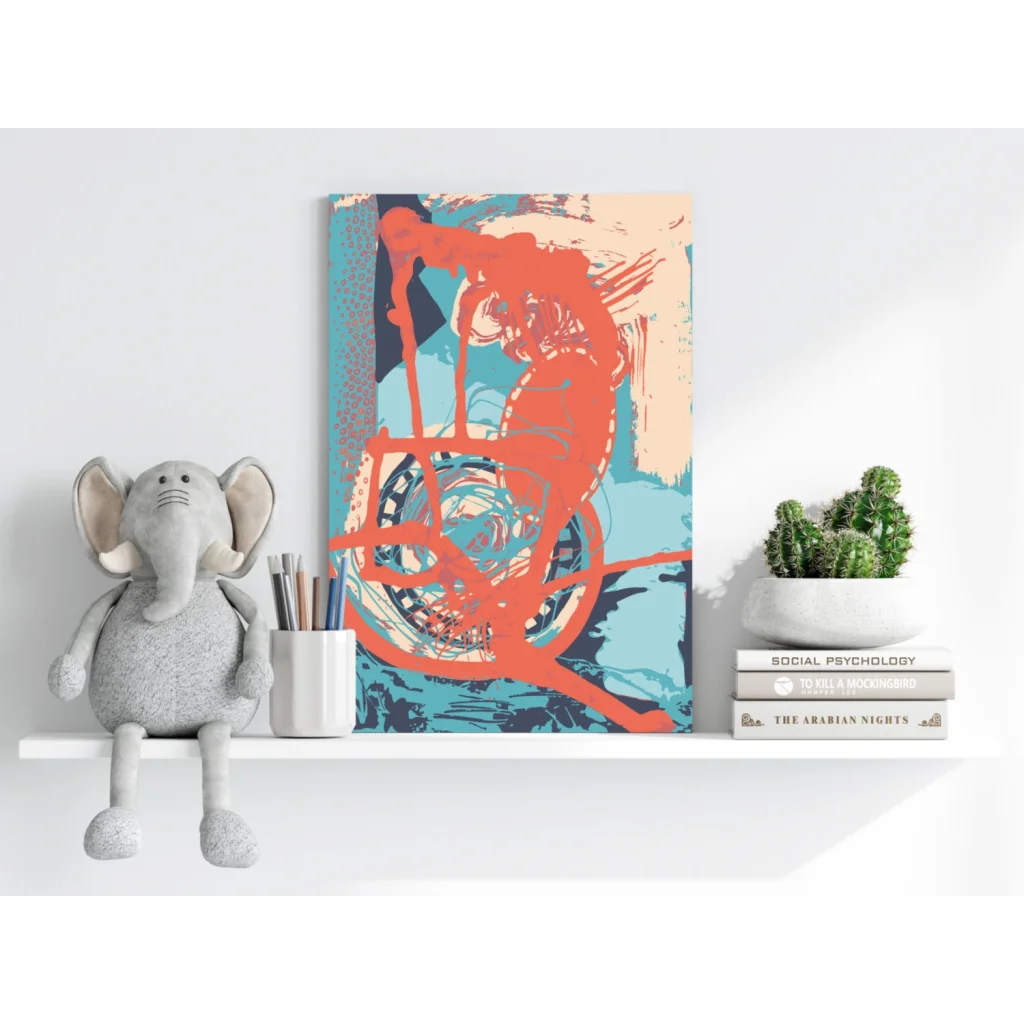 Retro 70s skateboarder art print in coral and teal on canvas