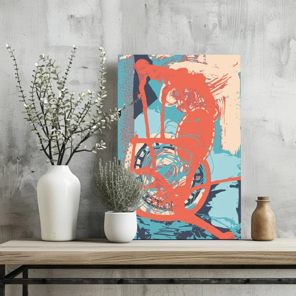 Retro 70s skateboarder aluminum art print with bold red blue geometric design