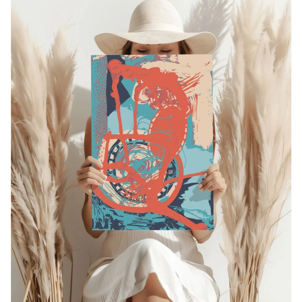 Red seahorse canvas print with blue accents on retro 70s skateboarder aluminum art