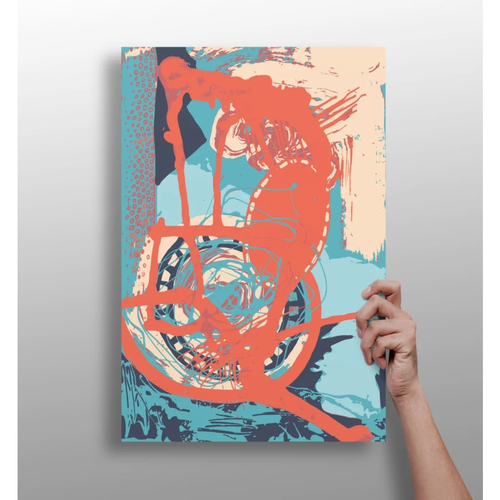 Retro 70s skateboarder art print in coral and teal on canvas