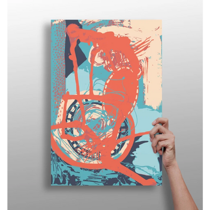 Retro 70s skateboarder art print in coral and teal on canvas