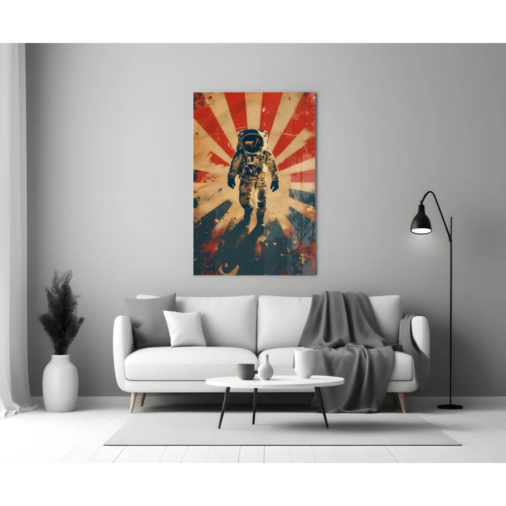 Retro astronaut wall art print with vibrant sunburst design