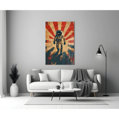 Retro astronaut wall art print with vibrant sunburst design