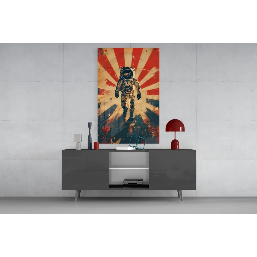 Retro astronaut glass wall art with vibrant sunburst design