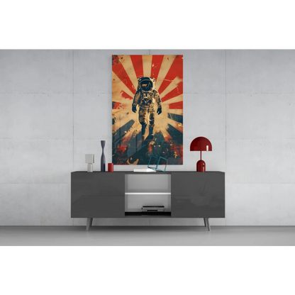 Retro astronaut glass wall art with vibrant sunburst design