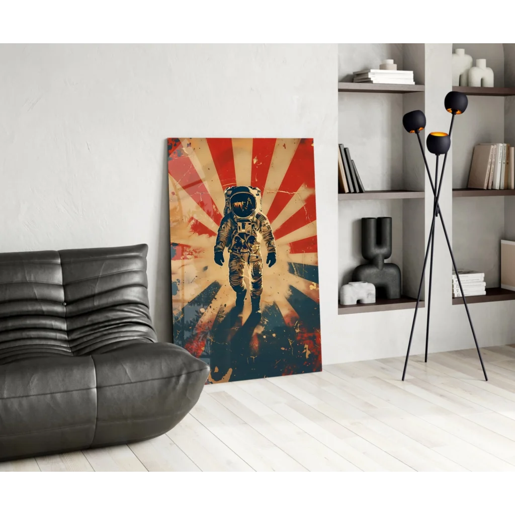 Retro astronaut wall art with vibrant sunburst design