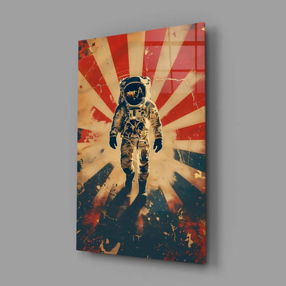 Retro astronaut wall art poster with red white sunburst design and distressed texture