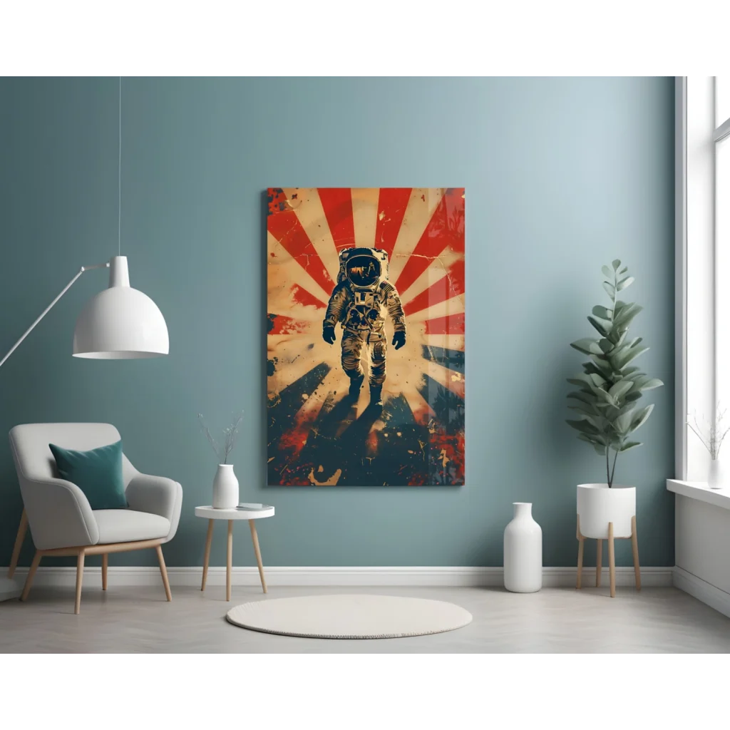 Retro astronaut wall art print with vibrant red yellow sunburst and white suit