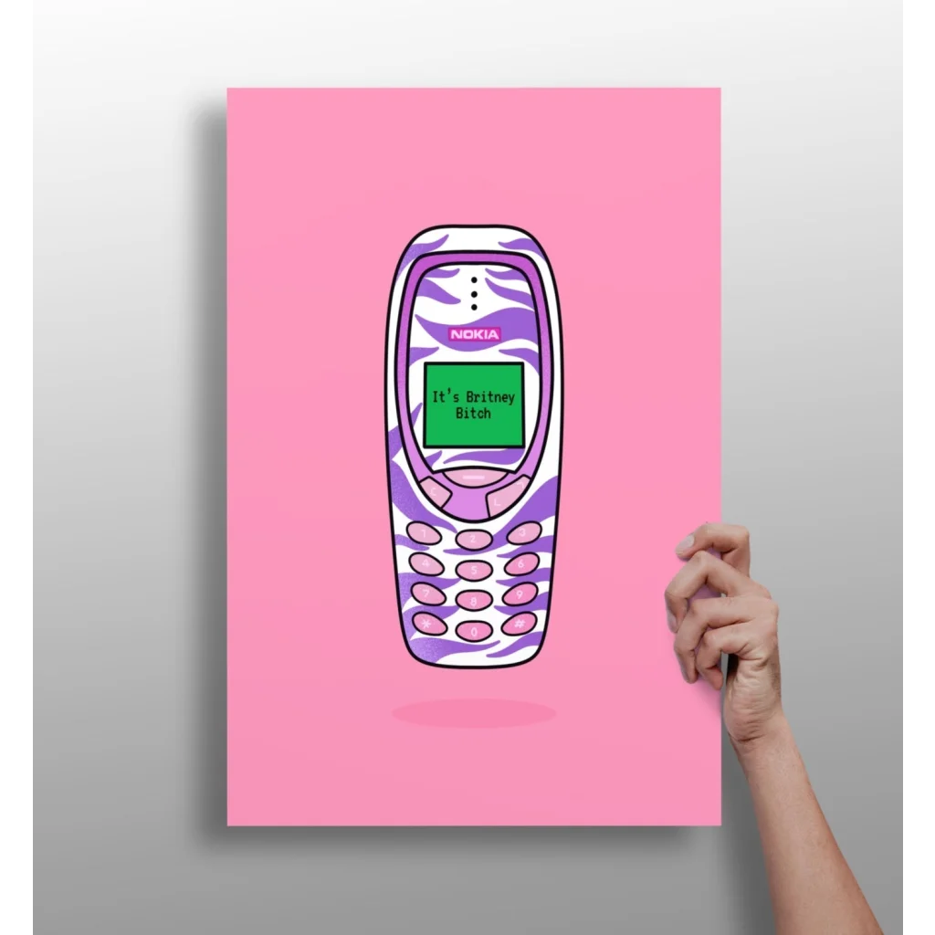 Purple white zebra-print Nokia 3310 on insigne aluminum print with Britney text