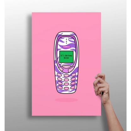 Purple white zebra-print Nokia 3310 on insigne aluminum print with Britney text