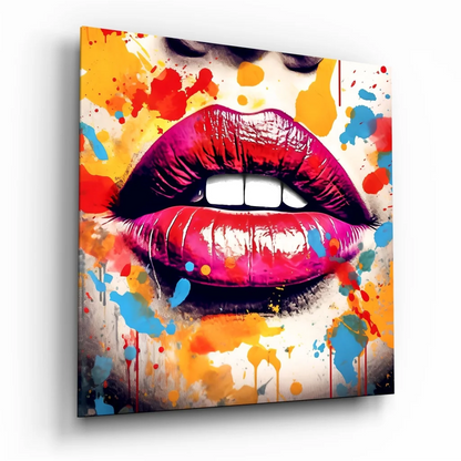 Vibrant pink red glossy lips on tempered glass art with bold paint splatters