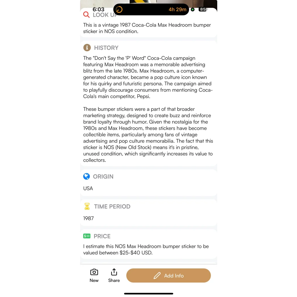 Vintage Max Headroom Coke NOS bumper sticker showing a cool blast from the past