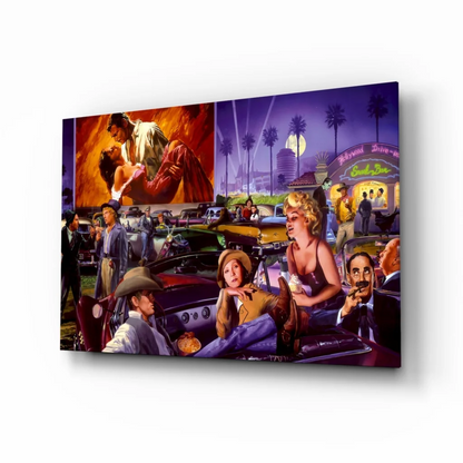 Vibrant 20x30 retro car canvas wall art with cowboy hats
