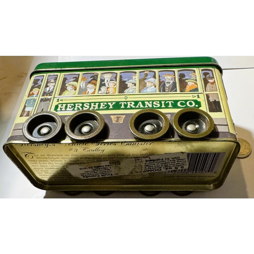 Retro nine piece collectible tin box with trolley design and four wheels for vintage lovers