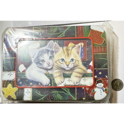 Retro nine piece collectible tin box with Christmas kitten design for holiday decor
