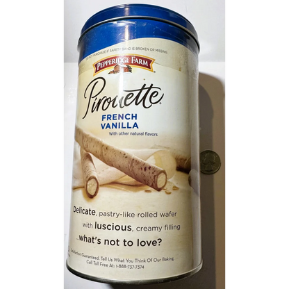 Pepperidge Farm Pirouette French Vanilla wafer cookies in retro nine piece collectible tin
