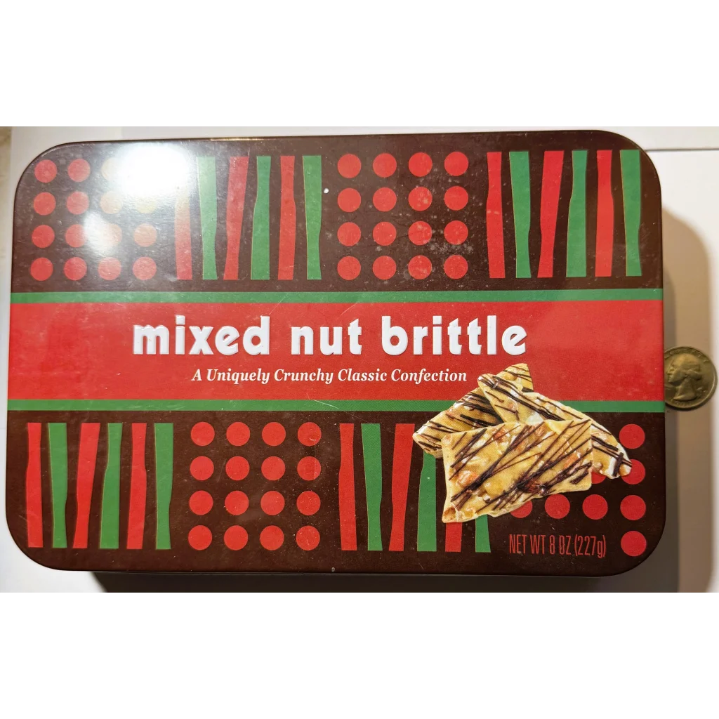 Retro nine piece collectible tin box set with mixed nut brittle and festive pattern