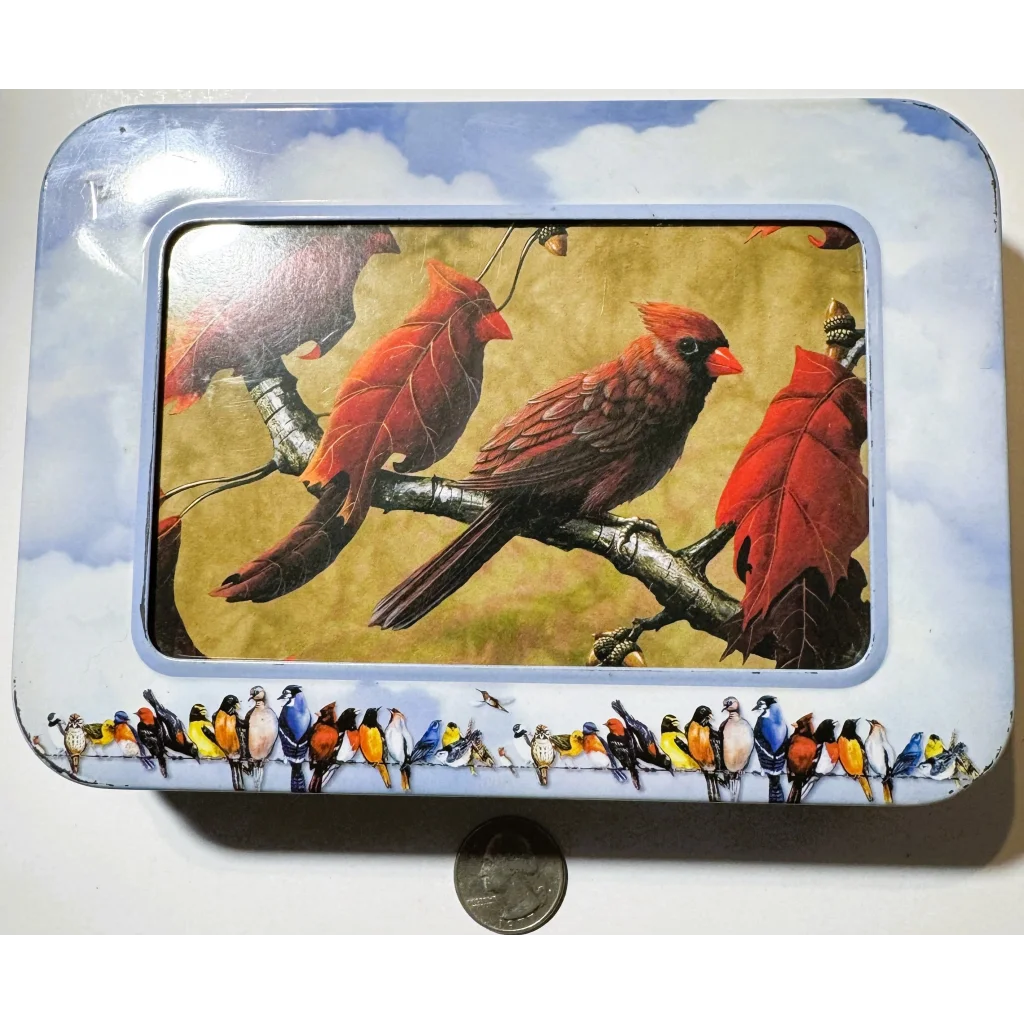 Retro nine piece collectible tin box with cardinal birds and sky design for vintage fans