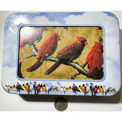 Retro nine piece collectible tin box with cardinal birds and sky design for vintage fans