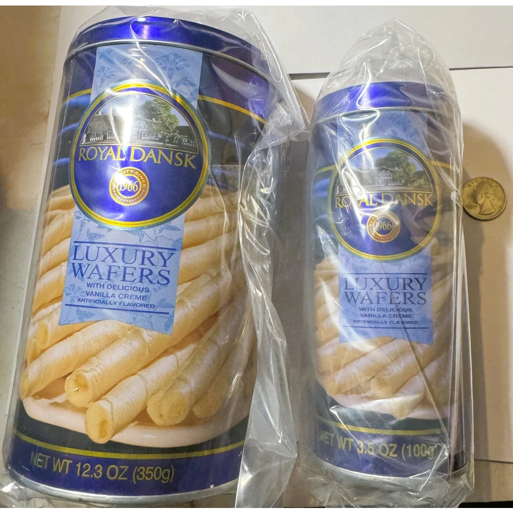 Royal Dansk Luxury Wafers cans with vanilla creme in retro nine piece collectible tin