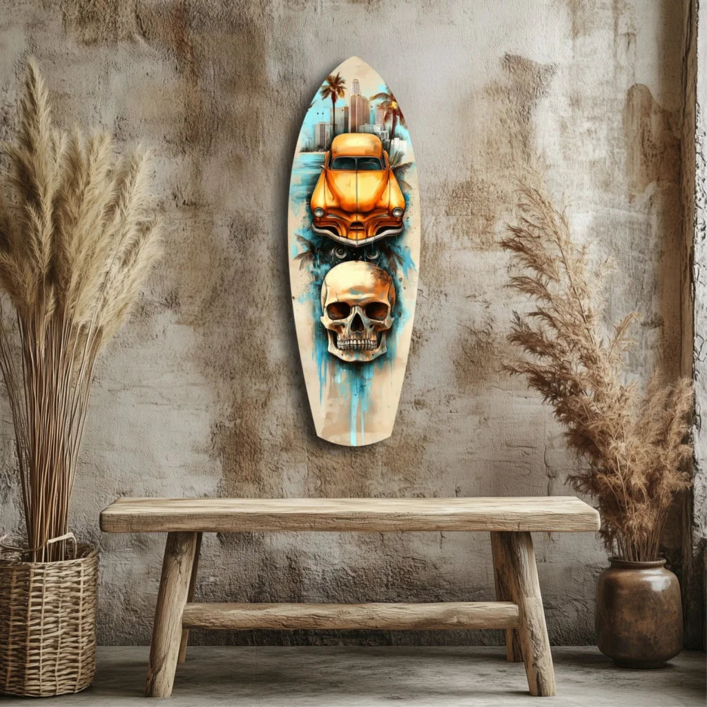 Vintage Car Skull Surfboard Tempered Glass Art | Modern Wall Art Decor | vintageantiquesgifts.com