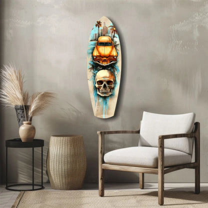 Vibrant vintage car skull surfboard tempered glass art with blue splatters