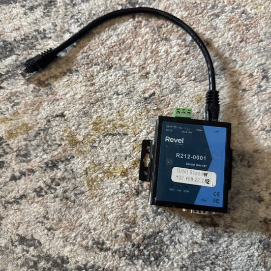 Revel serial server R212-0001 with blue label and ethernet cable