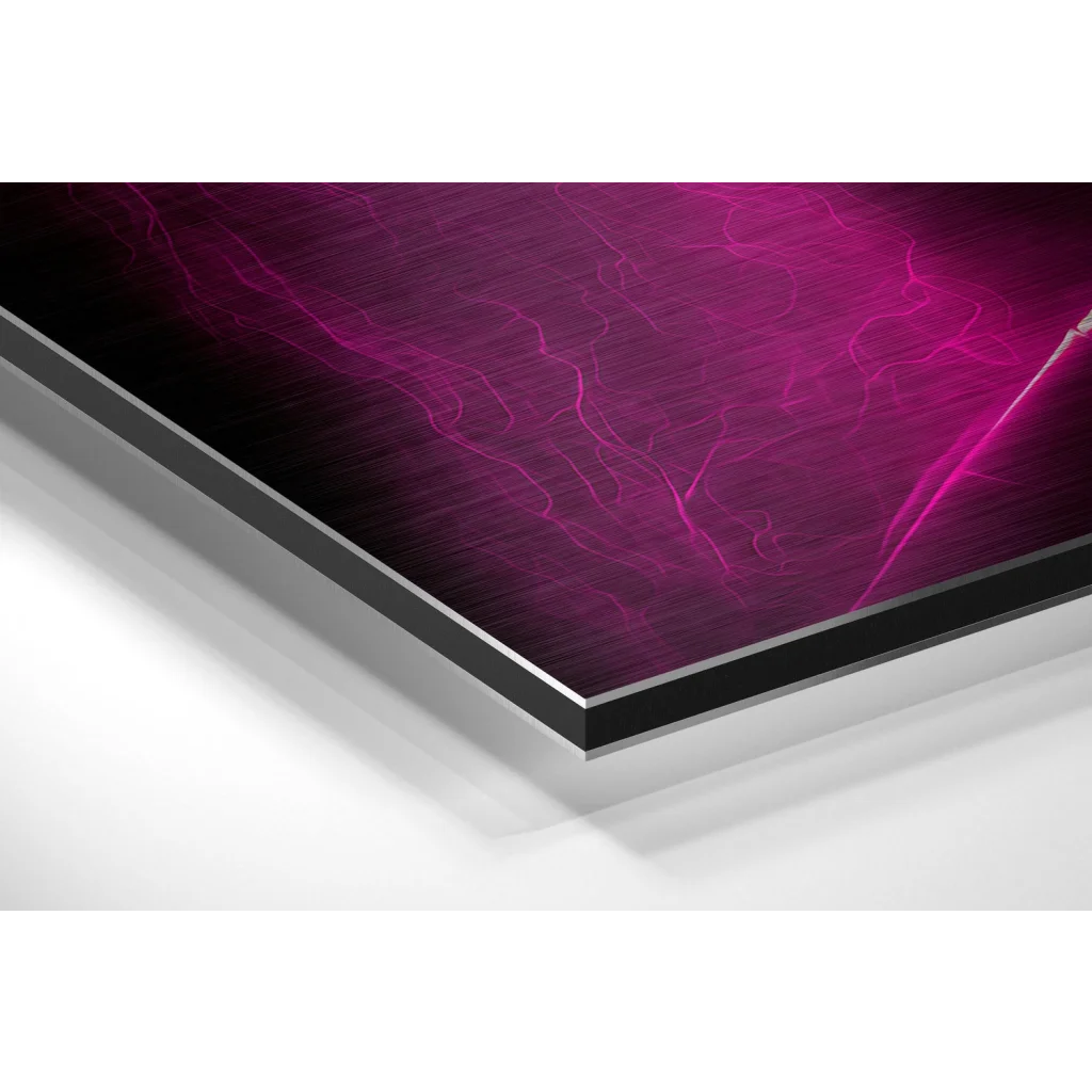 Glass Wall Art Vibrant magenta lightning on brushed aluminium dibond wall art
