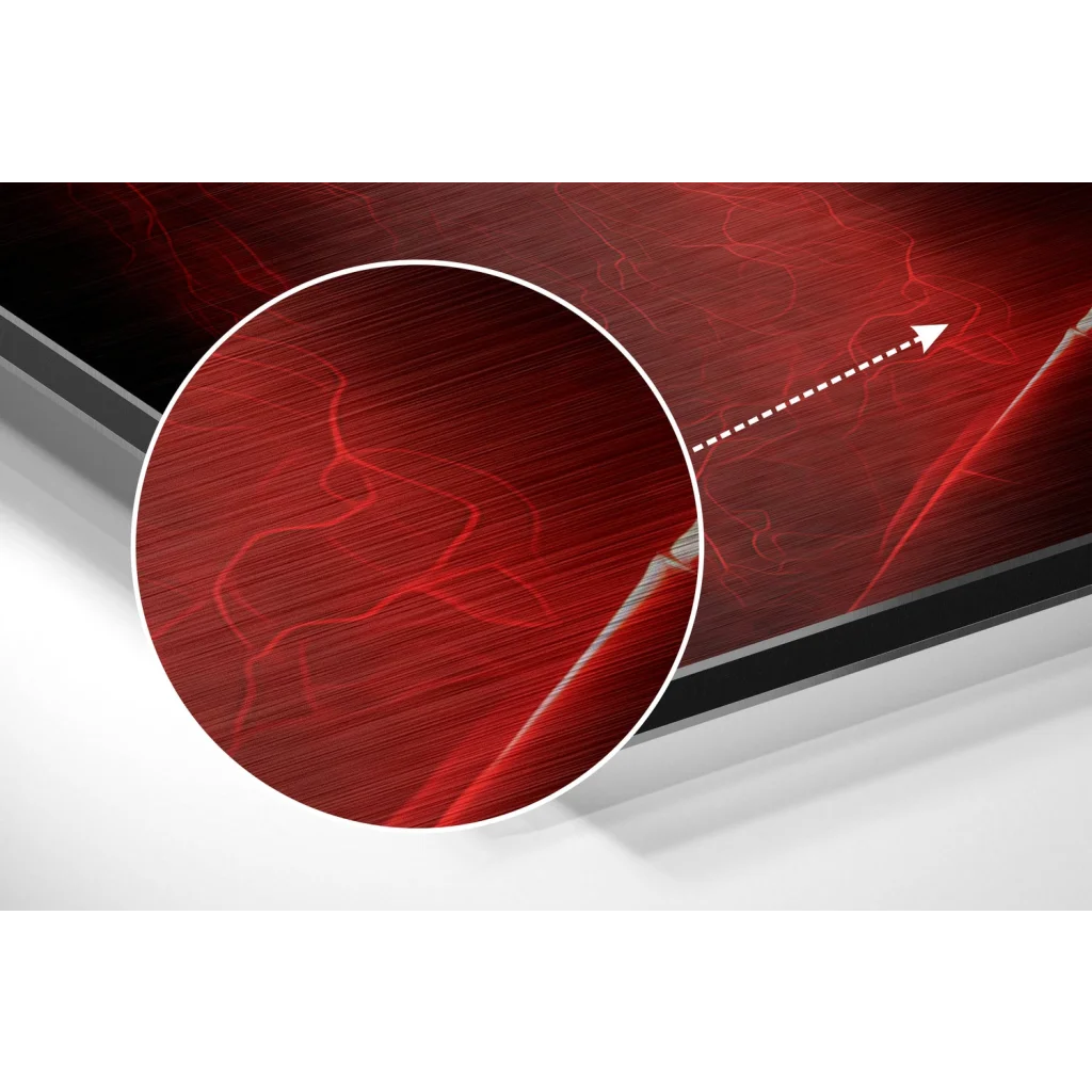 glass wall art Red brushed aluminium dibond print with glowing vein pattern