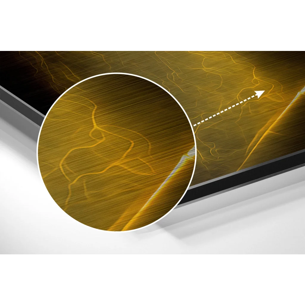 Glowing golden veins on brushed aluminium dibond wall art