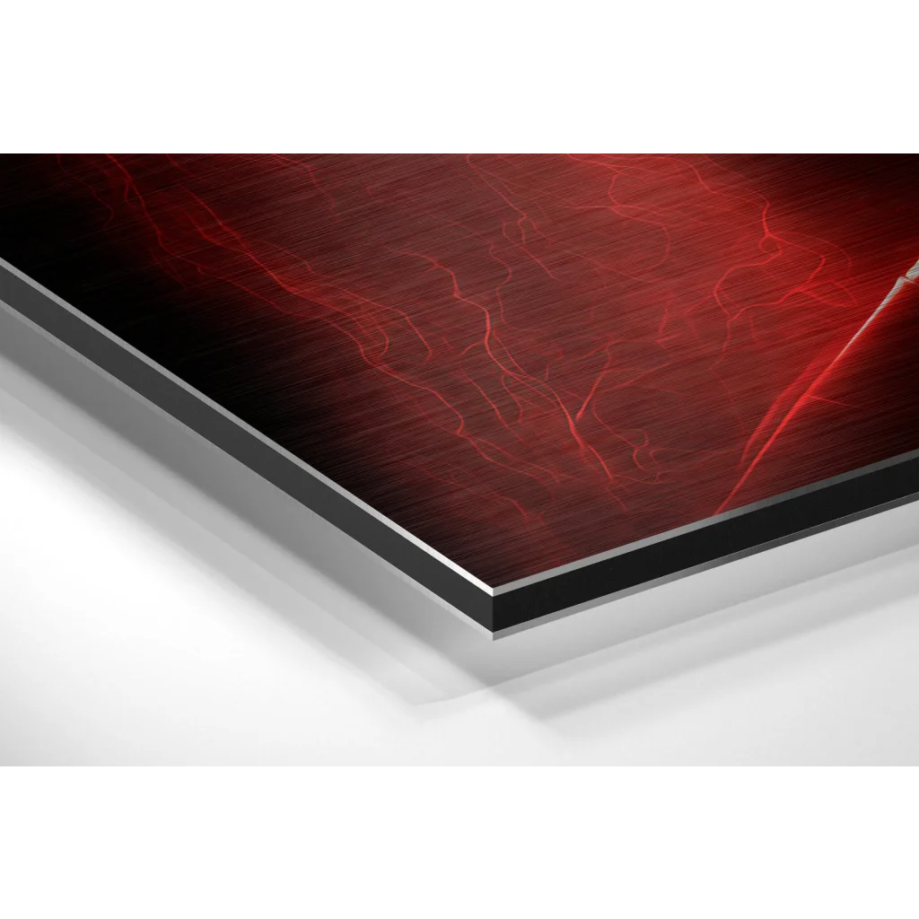 Sleek crimson lightning brushed aluminium dibond print with red wood-grain texture