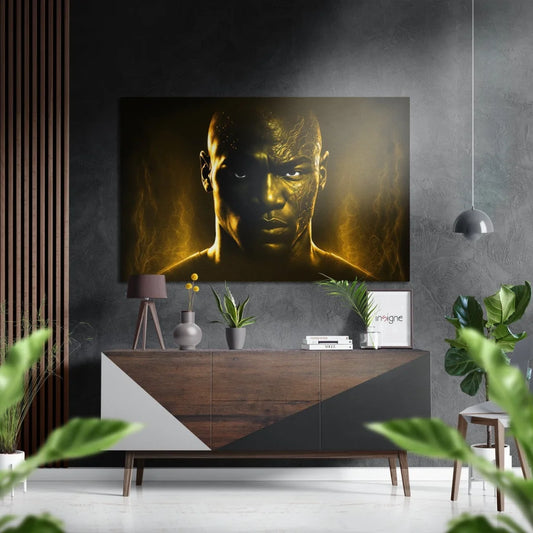 Golden-hued bald man portrait on brushed aluminium dibond wall art