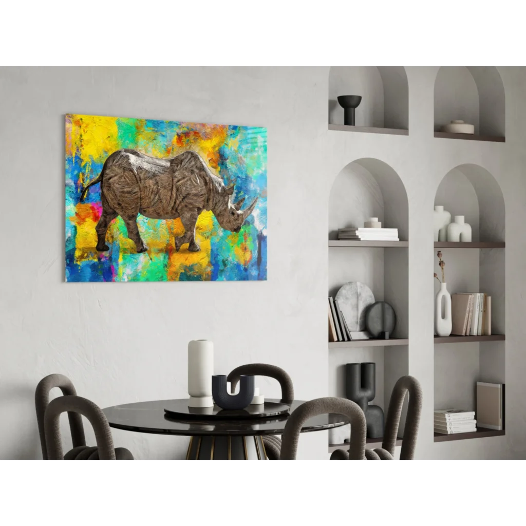 Vibrant rhino glass wall art with textured brown silhouette and bold yellow blue green splashes