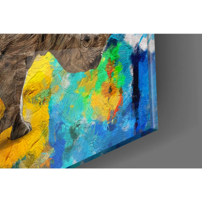 Abstract textured brown rhino head on vibrant glass wall art with bold splashes