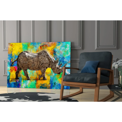 Vibrant rhino glass wall art with bold abstract yellow blue green splashes