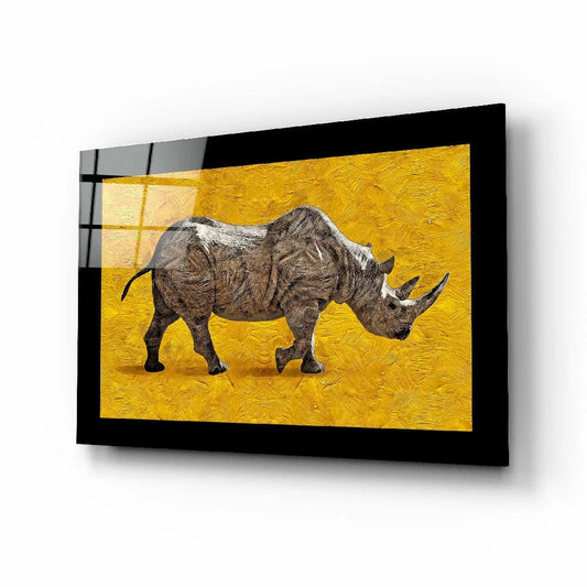 Vibrant Yellow Elephant Rhino Glass Wall Art Panel | Insigneart USA | vintageantiquesgifts.com