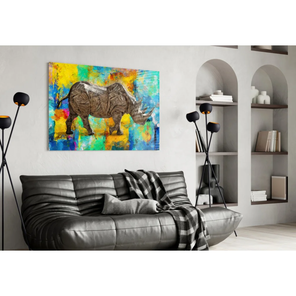 Vibrant Rhino Glass Wall Art with Bold Abstract Splashes | Contemporary Home Wall Art | vintageantiquesgifts.com