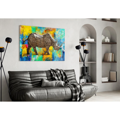 Vibrant Rhino Glass Wall Art with Bold Abstract Splashes | Contemporary Home Wall Art | vintageantiquesgifts.com