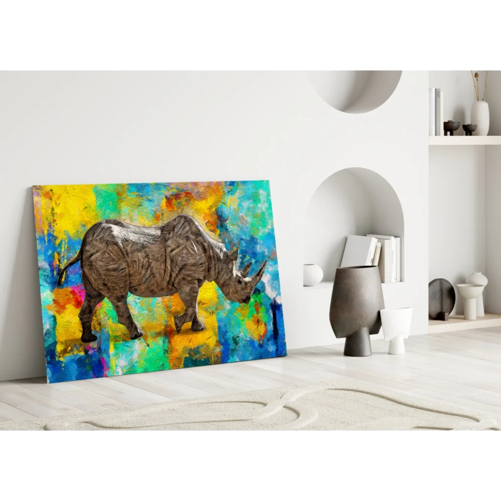 Vibrant Rhino Glass Wall Art with Bold Abstract Splashes | Modern Wall Art Decor | vintageantiquesgifts.com