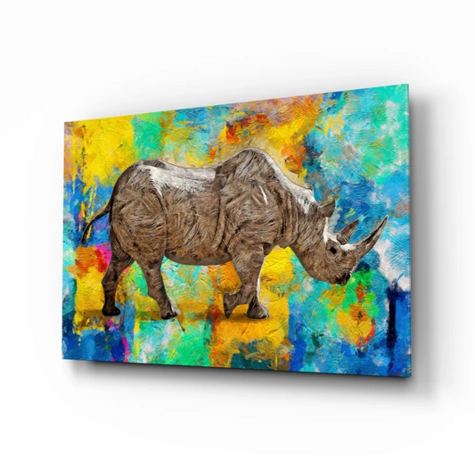 Vibrant Rhino Glass Wall Art with Bold Abstract Splashes | Insigneart USA | vintageantiquesgifts.com