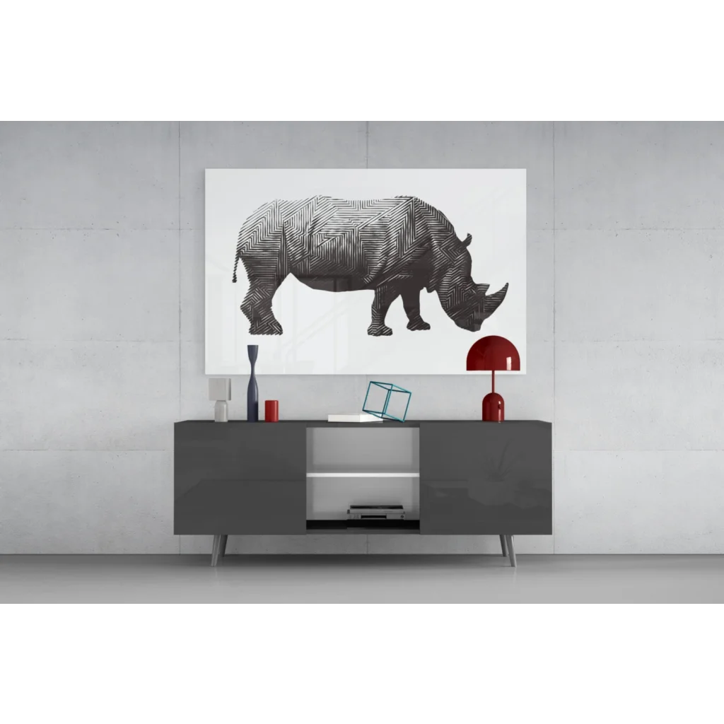 Modern black-and-white rhino glass wall art with geometric lines on canvas
