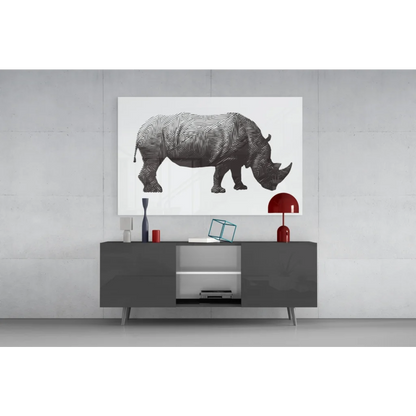 Modern black-and-white rhino glass wall art with geometric lines on canvas