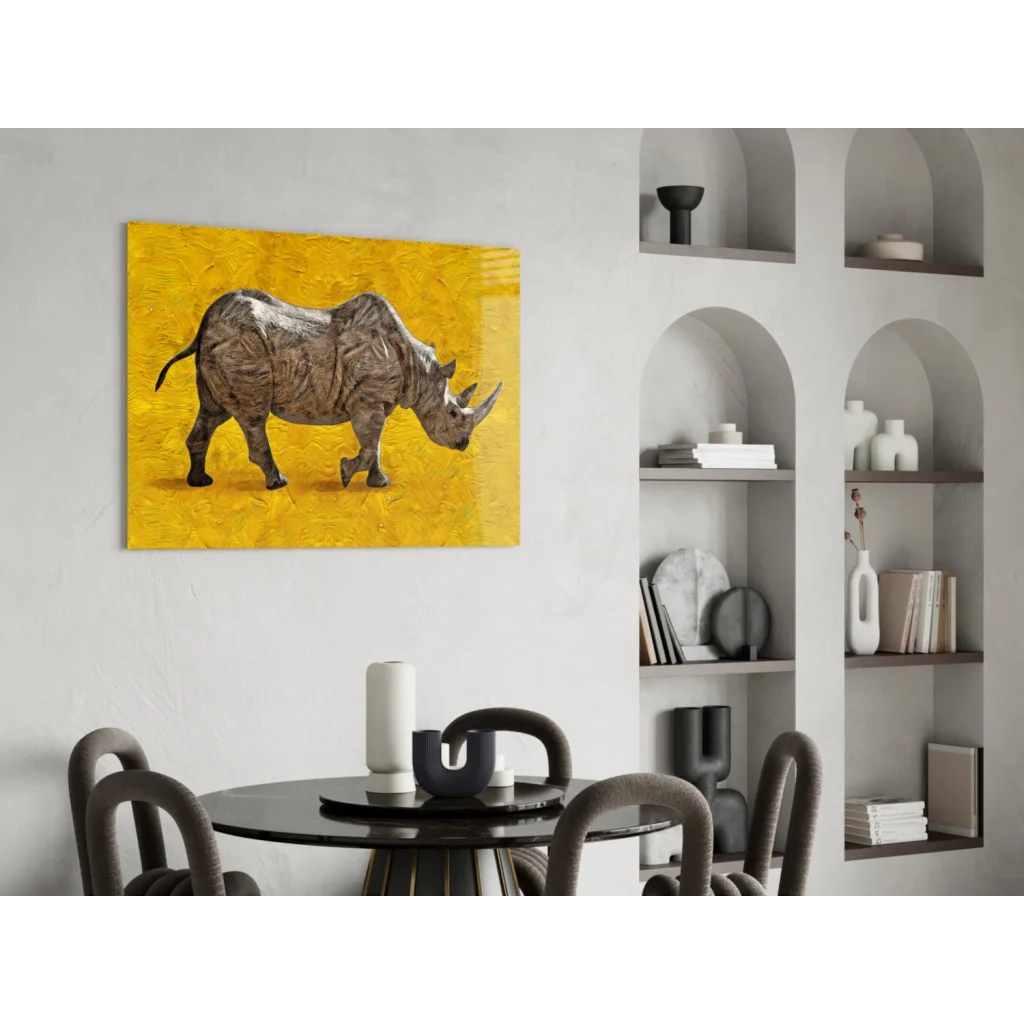 Textured metallic gray rhino glass wall art on bold yellow background
