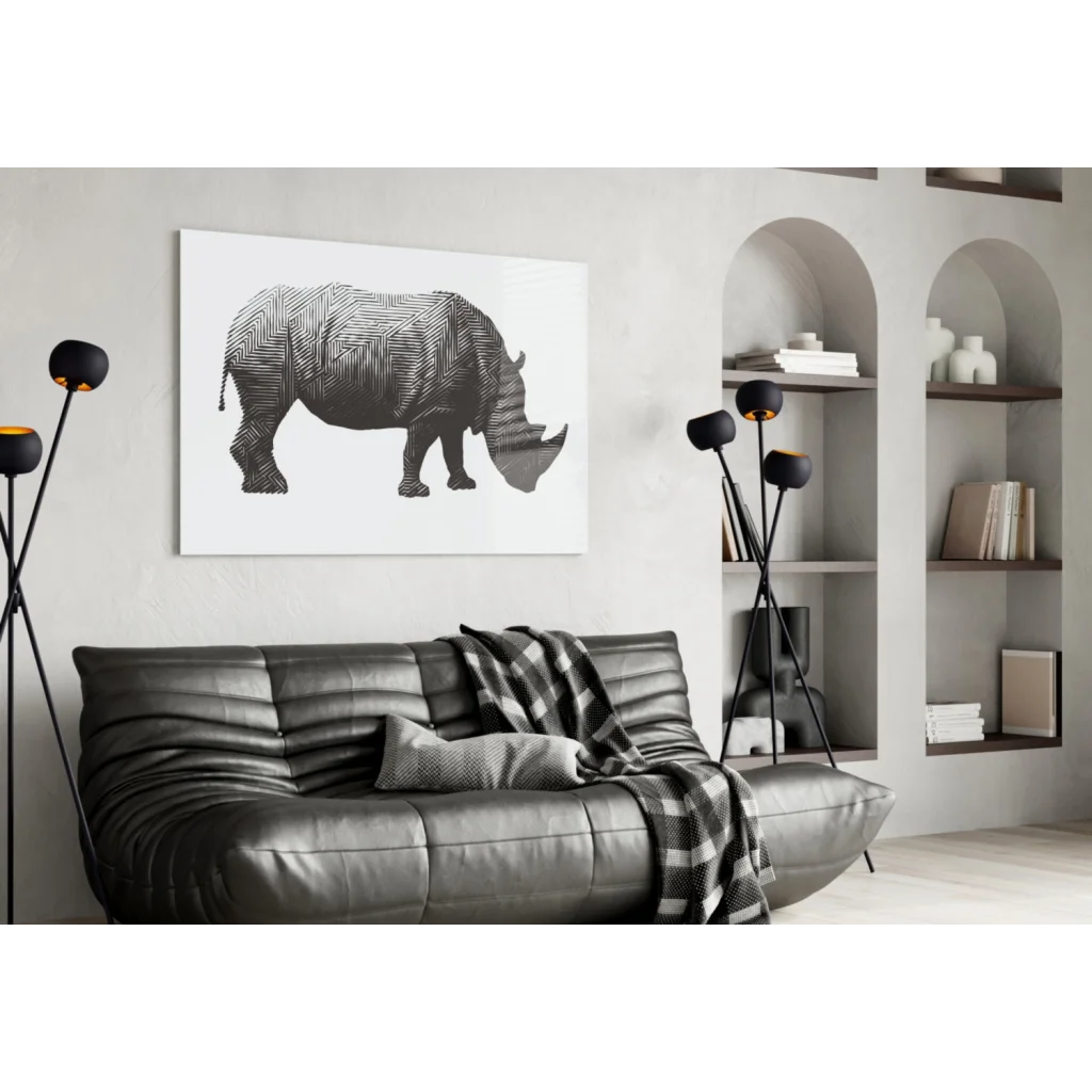 Stunning black and white rhino glass wall art with geometric herringbone pattern