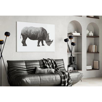 Stunning black and white rhino glass wall art with geometric herringbone pattern
