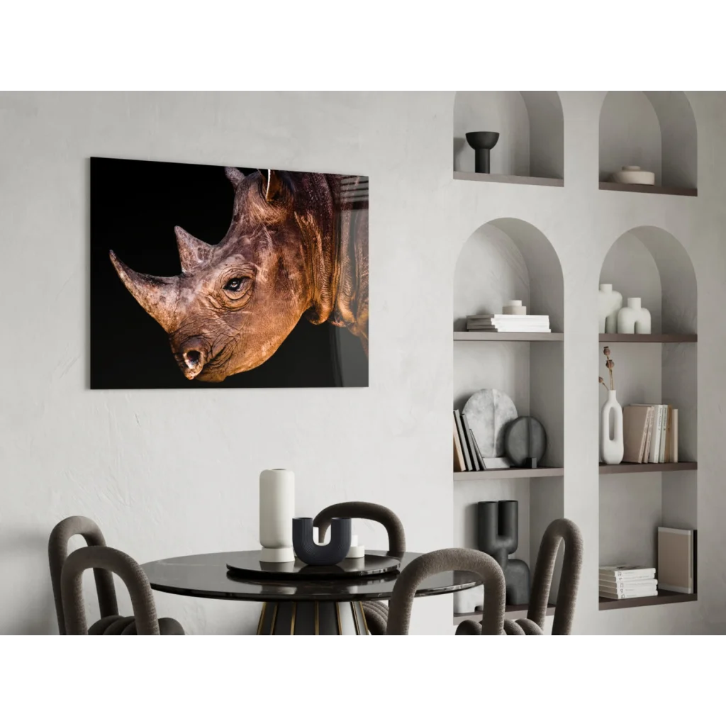 Majestic Rhino black-and-gold glass wall art portrait on modern wall